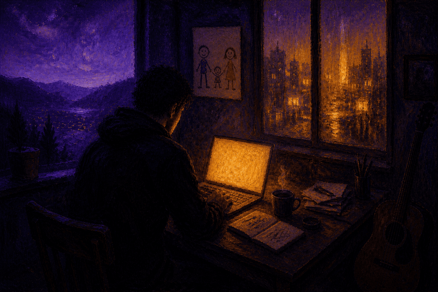 Painted night scene — a figure at a glowing laptop, child's family drawing on the wall, mountain valley and city lights through the windows