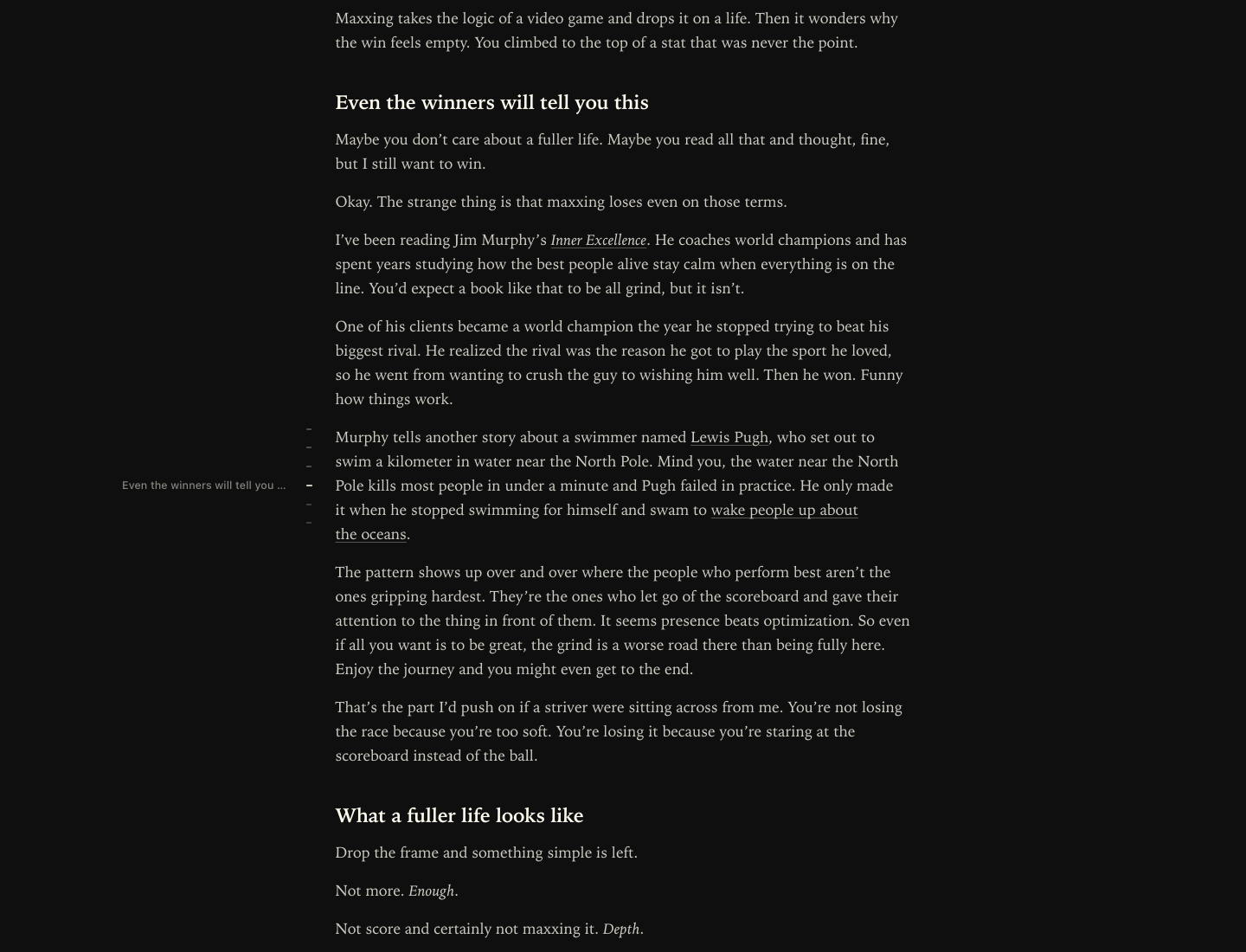 Calm in dark appearance with an active section label beside the article